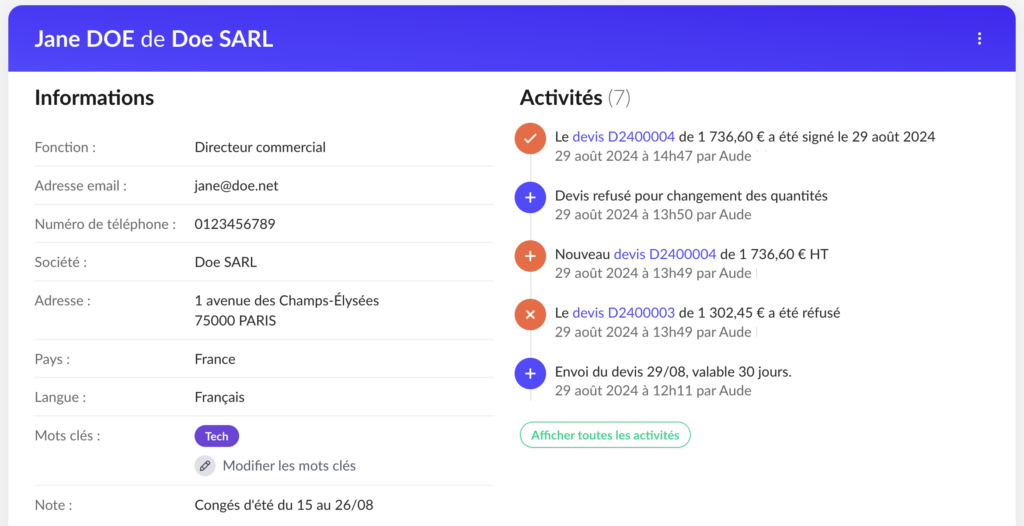 Exemple des fonctions CRM sur l'outil Facture.net